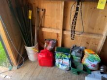 Garden stakes, fertilizer, gas can, hand held fertilizer spreader