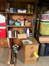 Contents of shelf - Small wooden cabinet, Promaster tripod, paint