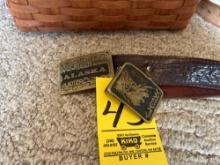 2 leather belts with Alaska buckles and a Longaberger basket