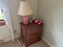 2 side tables with table lamps and 2 wall hangings
