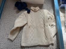 3 hand made sweaters with linens and a large quilt