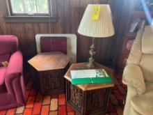 2 matching end tables with a table lamp and TV cart