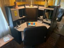 Corner Desk with office chair and miscellaneous desk items