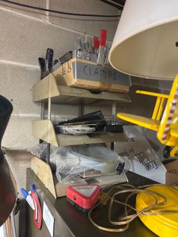 steel four drawer file cabinet, plane lamp and assorted electronics, tape, hardware.