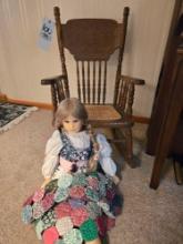 Childs Cane Bottom Pressed Back Rocker w/ Doll