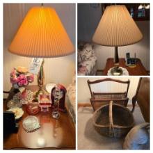 Brass Lamps, Glassware, Baskets