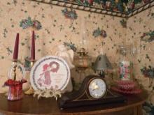 Oil Lamps, Cranberry Hobnail Bowl, Cranberry Basket, Candle Sticks, Clock