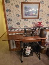 Singer Treadle Sewing Machine, Cranberry Lamp, Pottery Pitcher and Framed Print