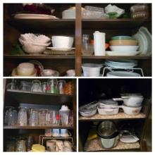 Contents of Kitchen Cabinets inc, Dishware, Tumblers, Pots Pans, Bakeware