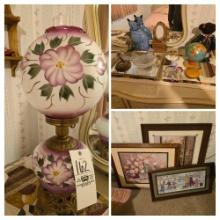 Hand Painted Banquet Lamp, Covered Hen, Pins, Pictures