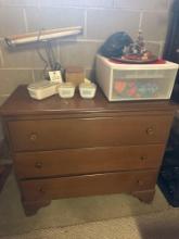 three drawer chest, vintage Pyrex, desk lamp