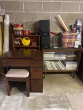 two wood cabinets, sewing cabinet, doll magazines