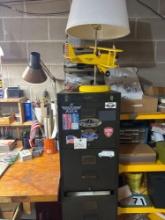 steel four drawer file cabinet, plane lamp and assorted electronics, tape, hardware.