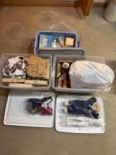three totes of collector plate, plates, dolls, vases