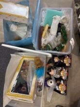 three totes of glassware, dolls, peanut characters
