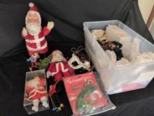 Tote of vintage Christmas, Byers choice dolls and Santas
