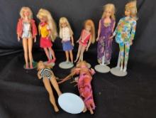 Group of vintage Mattel Barbies, live action, Skipper and more