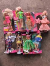 Group of Mattel Barbies with boxes, Olympic, Ken, Peach pretty and more
