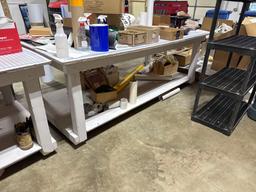 Pair of 4'x8' wood top work tables and assorted contents