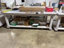 Pair of 4'x8' wood top work tables and assorted contents