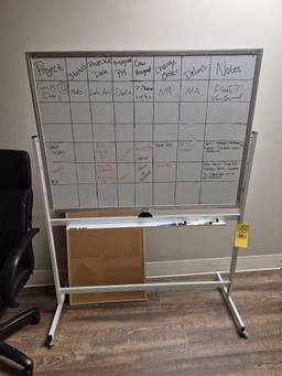 Office Chair, White Board on Rolling Stand, & Cork Board