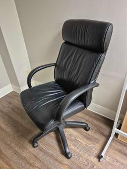 Office Chair, White Board on Rolling Stand, & Cork Board