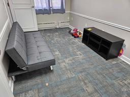Contents of Kids Room - Adjustable Futon, Small TV Stand, & Toy Assortment