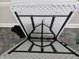 2 Cosco 6 Ft. Folding Plastic Tables with Black Tablecloths