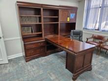 Golden Oak T-Shaped Commercial Office Desk w/ Built-In Bookshelves, Office Chair Included