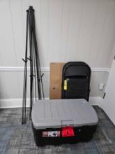 Tripods, Folding Chairs, & Rubbermaid ActionPacker Storage Container