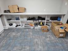 Contents of Shelving - Phone Systems, Wall Decor, Banner Stands, Cups, & Office Supplies