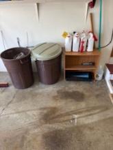 2 trash cans, small shelf, ortho home defense insect killer spray