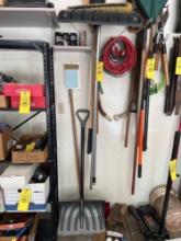 Shovel, brooms, post hole digger, extension cords