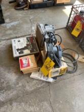 Assorted electric sanders, battery powered drill, wire brushes