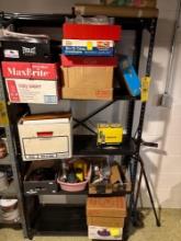 metal shelf and contents, binoculars, misc supplies