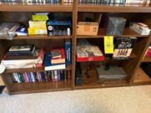 misc shelf contents, phones, tapes, radio ,books, misc