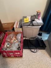 misc lot of office supplies, paper shredder, Christmas glassware, cds, dvd player