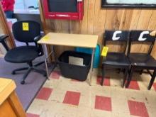 Office chair, small table, 2 wood chairs - principals office