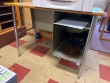 2 small tables, 2 padded chairs, metal file cabinet - principals office