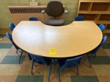 Youth half round activity table with 8 small chairs and one office chair, room 1103