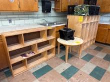 Cubby Coat Storage, Youth table, shelving, Sunsplash projector, crates and chair cushions - Rm 1103