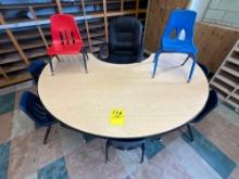 Half round table with 7 plastic chairs and 1 office chair - 1104