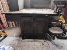 Antique School Carpenters work bench with Desmond Simplex No.500 vice, boiler room