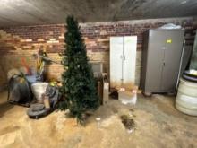 Fans, garbage cans, floor tools, sprayer, Christmas tree, metal cabinets with electrical supplies -