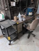 AV cart, office chair and metal desk, boiler room