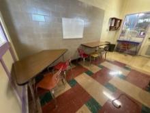 Contents of Room 2 tables, 7 metal chairs , fan - 1121