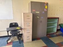 Metal storage locker and file cabinet, swivel seat desk, book shelf - 1106