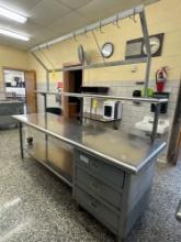 Stainless steel 3 drawer work station with pot rack - Cafeteria