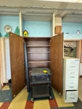 File cabinet, projector cart, roll up projector screen, large wood storage cabinet- 1107