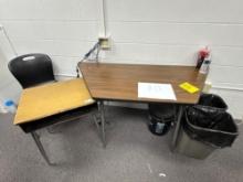Projector screen, clock, small table with chair, table, and 2 trash cans - 1119